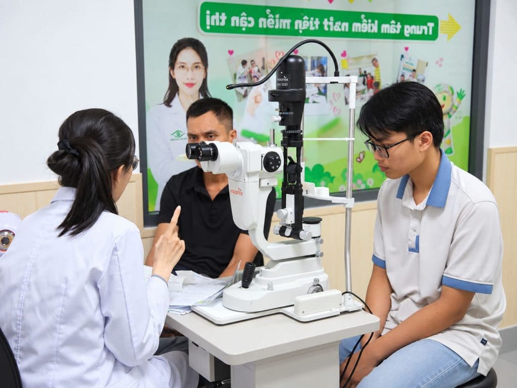 BS.CKI Bùi Phương Hiền trực tiếp thăm khám và tư vấn thị lực cho các em nhỏ tham dự sự kiện.